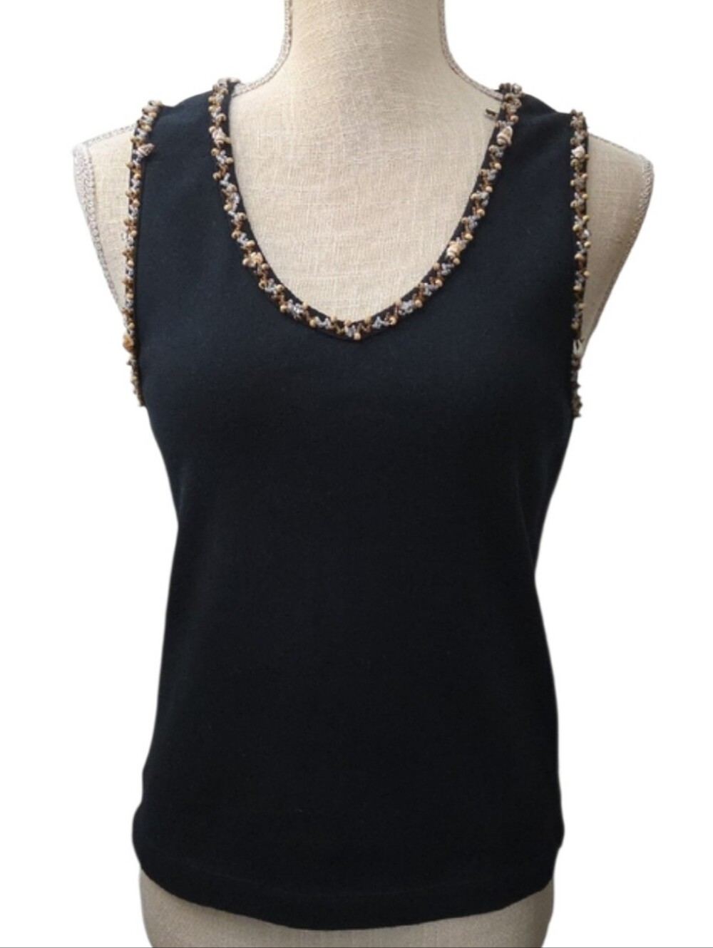 CAbi Black Sleeveless Tank with Beaded Gold-Accent Trim